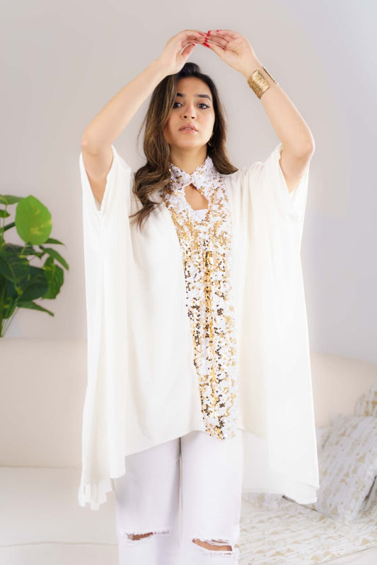 Velvet x Paillette Poncho - Off-white * gold Paillette