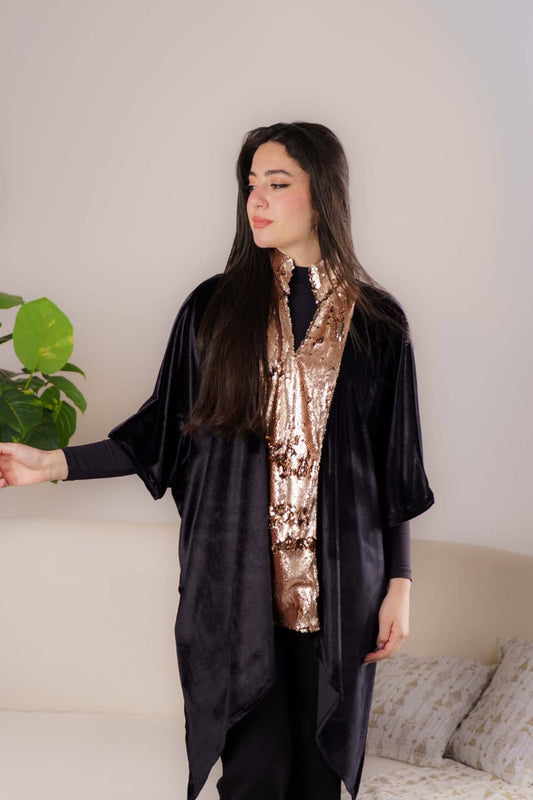 Velvet x Paillette Poncho -  Black x Paillette Oxidé