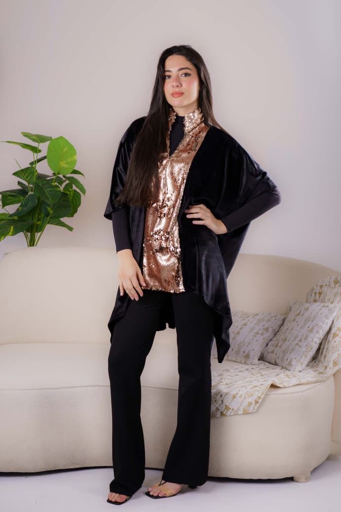 Velvet x Paillette Poncho -  Black x Paillette Oxidé