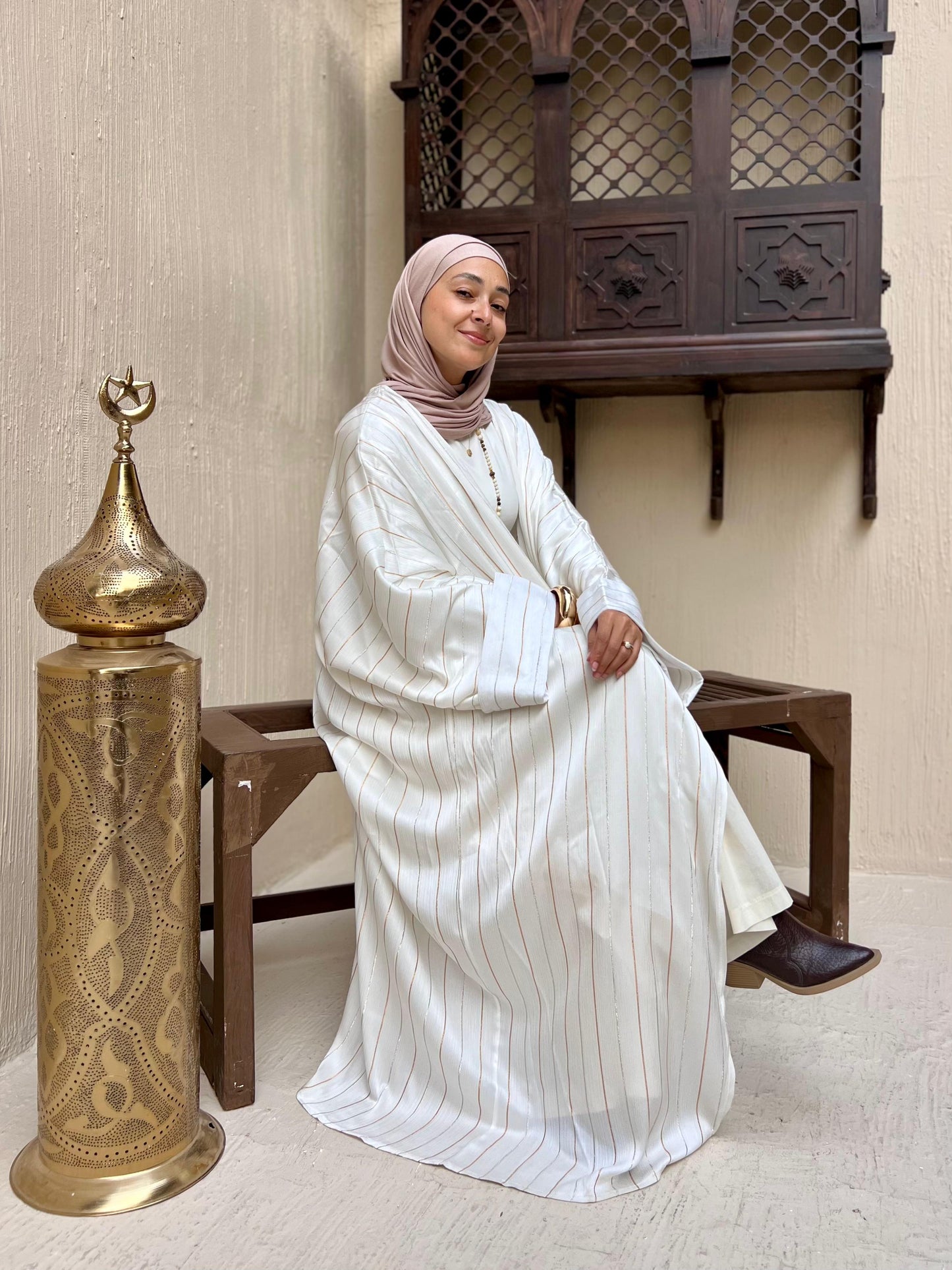 Off-white stripped Abaya