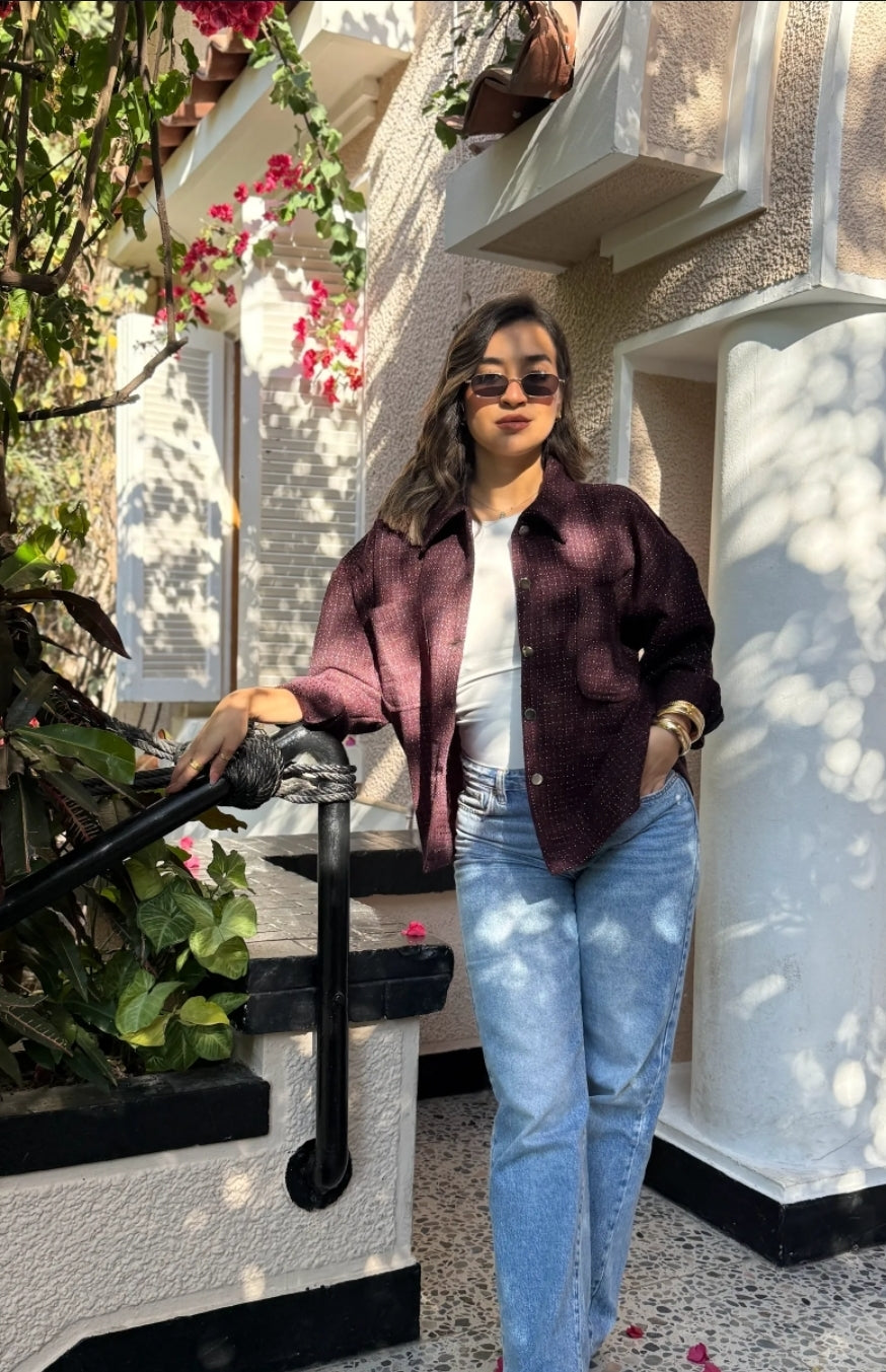 Tweed textured jacket - Burgundy