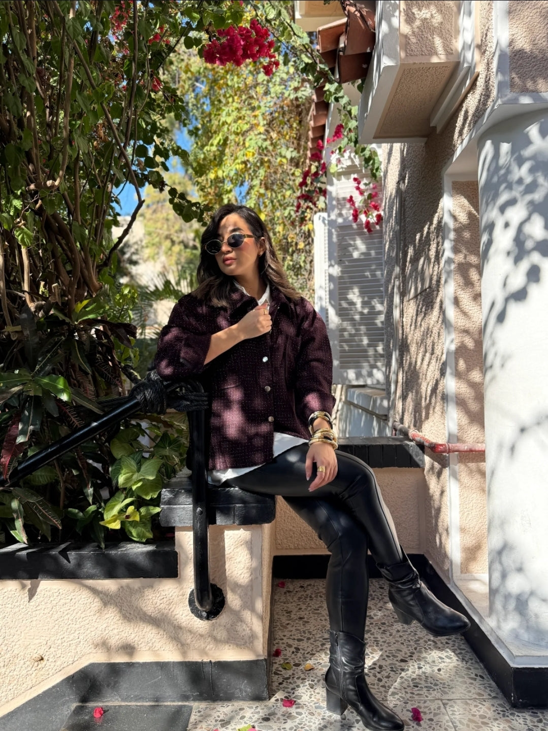 Tweed textured jacket - Burgundy