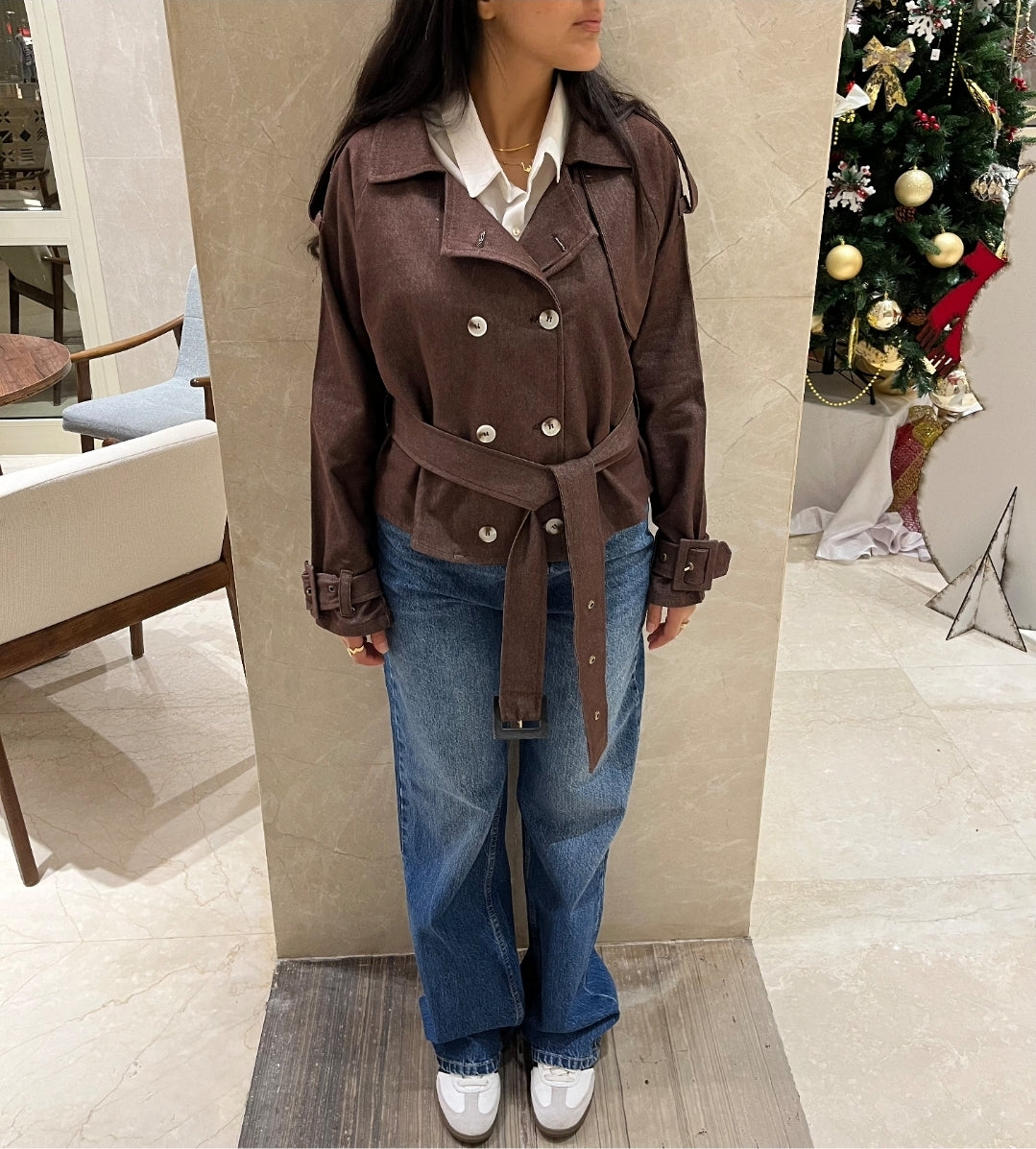 Brown denim trench jacket